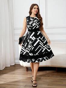 SHEIN Clasi Summer Elegant Women's Plus Size Geometric Pattern Printed Patchwork Contrasting Sleeveless Waist Cinched A-Line Dress, Suitable For Various Occasions, Daily Commuting, Home, Travel, Etc - Black and White - View 6