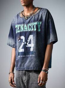 ROMWE MEN Prep 夏季男士休闲水洗刺绣字母牛仔衬衫 - 銅色 - 查看 8