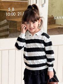 SHEIN 女童休闲黑白条纹长袖毛衣，黑白条纹衫，可爱印花上衣，适合秋冬季穿着 - 黑與白 - 查看 5