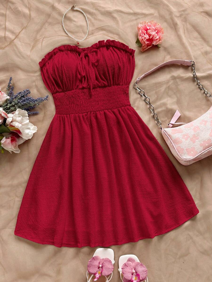 Soleia 女士纯色休闲度假迷你连衣裙 - 酒紅色 - 查看 1