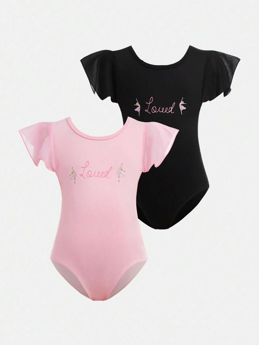 SHEIN 2 piezas Conjunto deportivo de moda para niñas, body de punto de unicolor negro y rosa, maillot gimnástico de estampado elástico, cómodo y suave