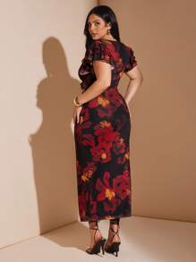 SHEIN BAE 大码女式优雅大号花卉网眼印花紧身 V 领连衣裙，长款，合身，修饰手臂，适合日常、郊游、约会、下午茶、度假、春夏季、返校季女士连衣裙优雅女士正装、长裙、婚礼宾客礼服 - 紅色 - 查看 2