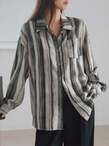 Dazy-Less 女士宽松休闲条纹长袖雪纺衬衫，适合办公室穿着，春夏秋季皆宜，商务休闲女装。 - 黑與白 - 查看 6