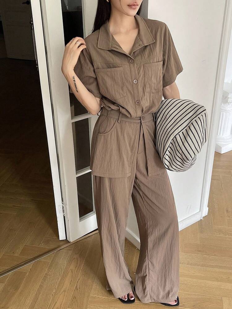 2pcs Set Women Short Sleeve Loose Casual Shirt And Pants,Teacher Outfits