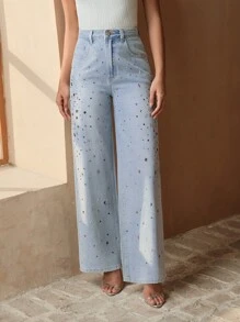 Anewsta New Sparkling Colorful Diamond Embellished Women's Straight Leg Jeans, Suitable For Valentine's Day Party, Blue - Light Wash - View 6