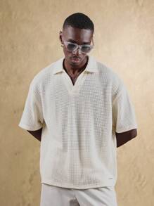 Textured Waffle Knit Resort Polo Modern Preppy Summer Golf Tennis Short Sleeve Pullover Lightweight Breathable Athletic Leisure Sportswear - Beige - View 5