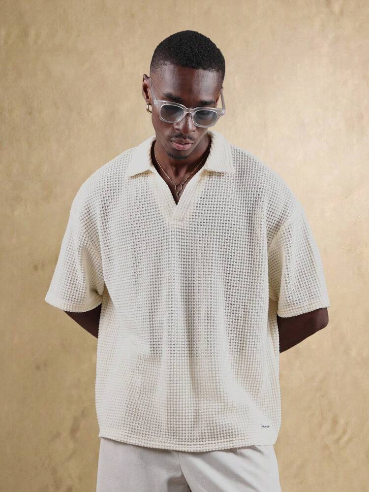 Textured Waffle Knit Short Sleeve Lightweight Breathable Polo Shirt