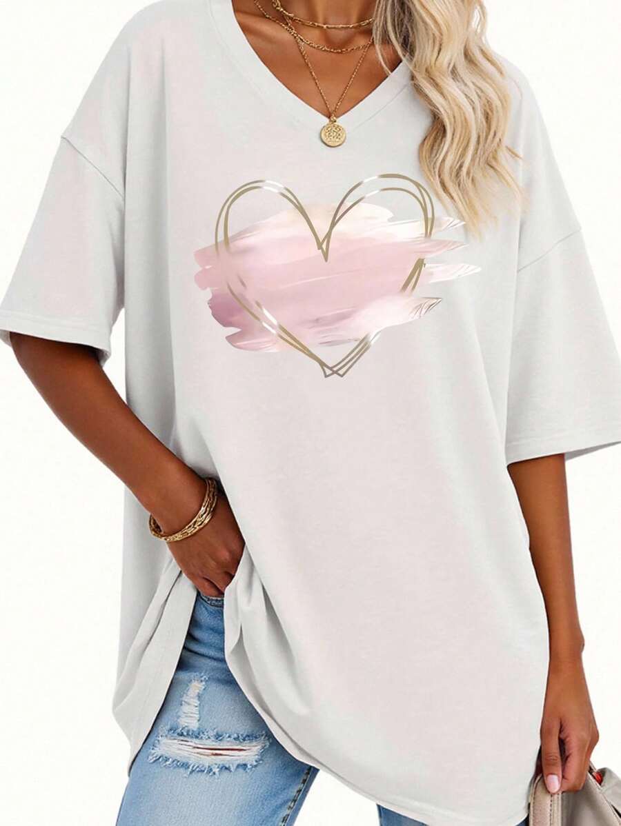 EMERY ROSE Women's Heart Shaped Pattern T-Shirt,V-Neck Short Sleeved Fashionable Pastel Pink Summer Casual Holiday Style,Suitable For Daily Wear All Seasons - White - View 1