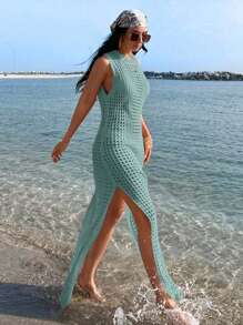 Vestido largo sin mangas de mujer tejido a crochet