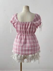 Flirla Fashionable Plaid Bustier Shirt With Plaid Fabric, Waist Gathered Puff Sleeves Vacation - Multicolor - View 2