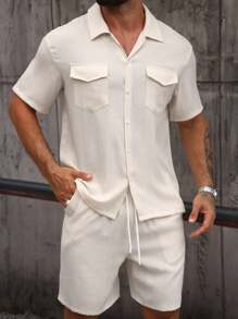 Manfinity Homme Men's Casual Solid Color Summer Cargo Pocket Short Sleeve Shirt & Shorts Set