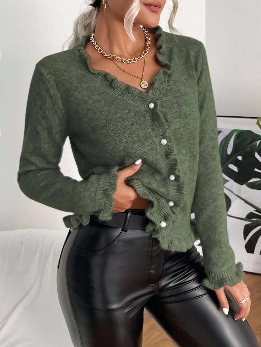 EMERY ROSE Women's Solid Color Long Sleeve Ruffled Single-Breasted Casual Cardigan Fall Winter Cloth For Women - Green - View 1