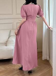 Feyla Women's Elegant Solid Color Puff Sleeve Dress - Pink - View 7