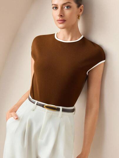 BizChic Spring/Summer New Contrast Trim Round Neck Short Sleeve Women's T-Shirt, Modern Elegant Urban Commute Everyday Versatile 90s Retro Christmas New Year Outfit, Valentine's Day Party Beach Graduation Fashion Carnival Holiday Casual Romantic Suitable For Wedding Guest, Host, Date, Party, Concert, Brunch, Airport, Multi-Occasion