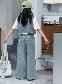 Dazy Kids 青少年女孩夏季休闲街头时尚拼布口袋无袖牛仔衬衫和阔腿牛仔裤套装 - 藍色 - 查看 5