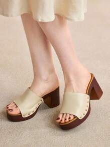 Rosivie Women's Beige Simple Round Toe Thick Heel Mid-Heel Pumps, Elegant, Leisurely, Comfortable, Slip-On, Suitable For Office, Commuting, Dates, Banquets, Dances, Vintage, Formal Occasions