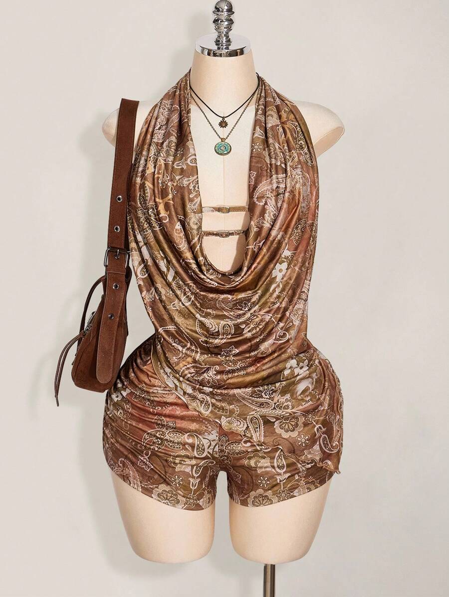 SHEIN ICON 大尺碼波希米亞印花 2 件套,巧克力棕色夏季波希米亞度假假期佩斯利掛脖露背上衣與短褲套裝,寬鬆垂領連身短褲 - 彩色 - 查看 1
