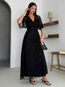 EURMUSE Women's Boho Lace Maxi Midi Dress Sexy V-Neck Sleeveless Spaghetti Straps - Black - View 7