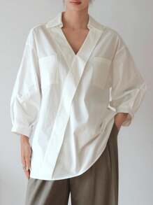 Dazy-Less 女士休闲宽松办公/通勤衬衫，斜襟设计，简约纯色，长袖，适合春、夏、秋季商务休闲场合。 - 白色 - 查看 4