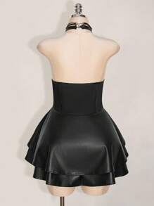 SHEIN ICON 加大码女式 Y2k 时尚辣妹演唱会女装俱乐部派对节日狂欢装 Y2k 外出交叉带 PU 皮革露背迷你吊带黑色连衣裙 - 黑色 - 查看 2