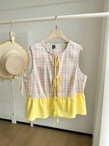 SHEIN EZwear Camisa sin mangas a cuadros de dos tonos amarillo mantequilla en talla grande para verano al aire libre