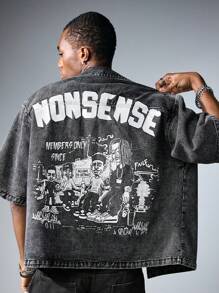 ROMWE MEN Street Life Men's Casual Washed Cartoon Print Denim Jacket - Black - View 1