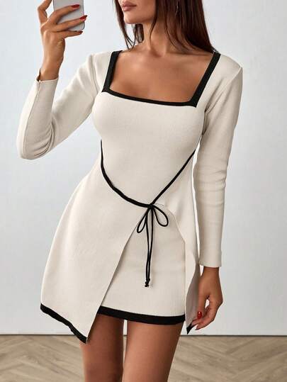 EURMUSE WOMEN ELEGANT SQUARE NECK CONTRAST TRIM KNIT DRESS WITH WAIST TIE DETAIL,Winter Dresses