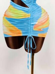 Amplova One Shoulder Two-Tone Big Floral Print Drawstring Tie Bodycon Mini Dress