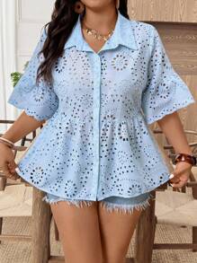 EMERY ROSE Plus Size Women's Popular Hollow Out Embroidery Ruffled Collar Blouse - Blue - View 1