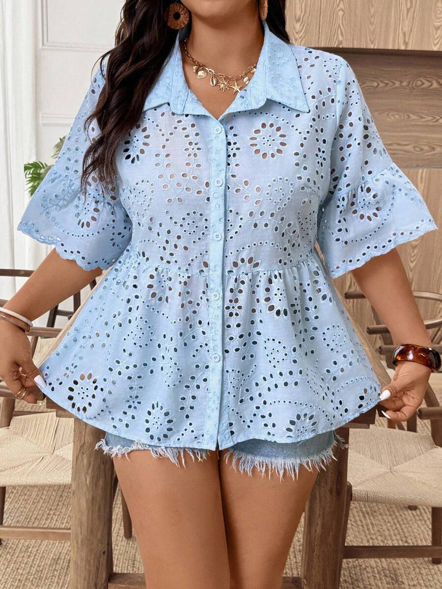 EMERY ROSE Plus Size Women's Popular Hollow Out Embroidery Ruffled Collar Blouse - Blue - View 1
