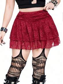 Whyspr 大码女式蕾丝荷叶边荷叶边 A 字型双层蛋糕裙，配有内裤，优雅度假可爱休闲派对迷你裙，酒红色 - 酒紅色 - 查看 8