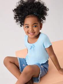 SHEIN Young Girl Lettuce Trim Knot Front Tee