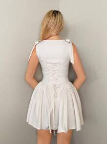 Sweetina Vestido de fiesta tipo veraniego Y2K en beige, elegante, sin mangas, de unicolor, con cruce de tirantes en la cintura y mini falda, para el verano - Beis - Ver 2