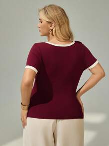 Auralis Plus Size Women Summer Daily Contrast Trim Round Neck Short Sleeve T-Shirt - Red - View 2
