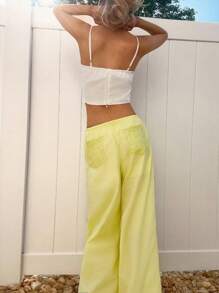 SHEIN EZwear 女式纯色抽绳腰蕾丝拼布口袋裤子