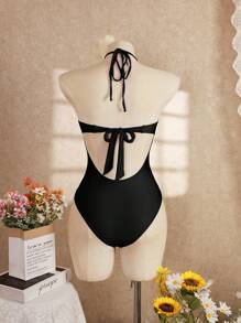 Swim Vcay Đồ bơi liền thân hở lưng vải bóng quyến rũ có dây rút đính hạt cho kỳ nghỉ bãi biển mùa hè mới dành cho nữ - màu đen - Xem 5