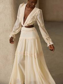 Aveloria Rosie French Romantic Heavy Lace Decor Exposed Waist Dress, Chiffon Lightweight Elegant Flared Skirt Long Sleeve Women Long Dress