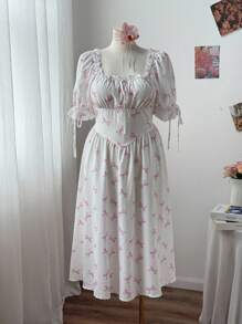 Sweetra Plus Size Women Butterfly Print Ruffle Trim Square Neck A-Line Dress