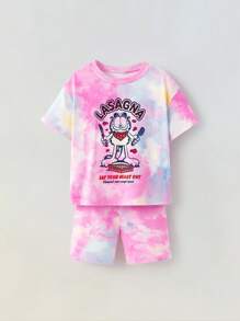 Maija Kids GARFIELD | SHEIN Maija Kids 两件套女童休闲圆领扎染卡通图案落肩宽松短袖T恤和骑行短裤套装，夏季扎染套装，女童夏季套装，女童夏季服装，女童夏季两件套，女童夏季套装，女童夏季套装，扎染套装 - 彩色 - 查看 6