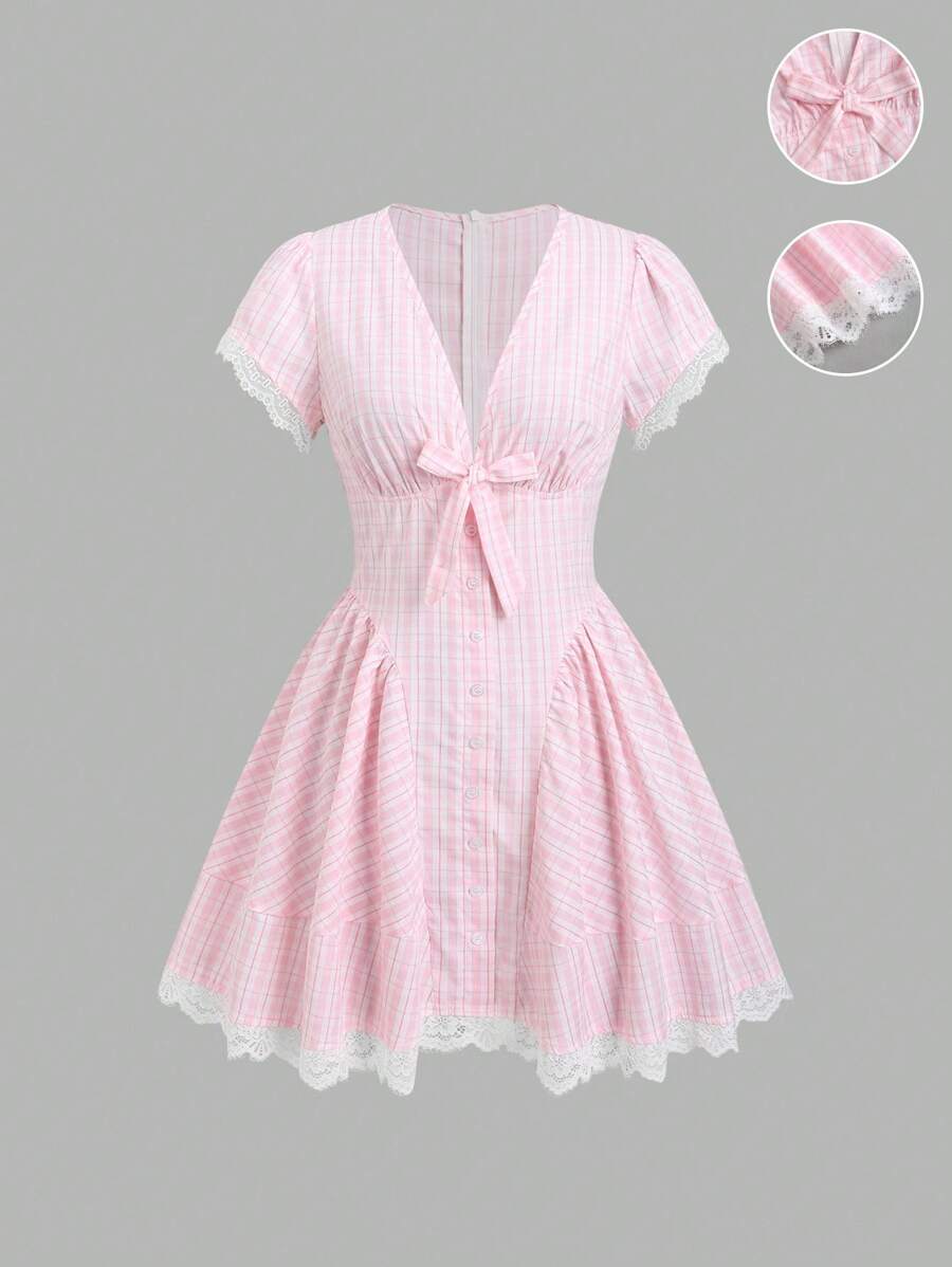 Sweetra Váy ngắn tay trẻ hóa eo thắt nơ mùa hè, váy ngắn kẻ caro viền ren chữ V sâu kiểu Pháp ngọt ngào cho quý cô - Nhiều màu - Xem 1