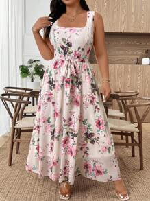 Allurite Váy Maxi không tay họa tiết hoa giản dị đi làm & nghỉ mát thanh lịch mùa xuân/hè/thu có thắt lưng & cổ vuông, thời trang & đa năng, vải thoải mái, cỡ lớn, màu mơ - Màu be - Xem 5