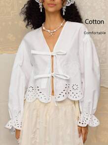 SHEIN MOD Women's White Summer Cottage Core Tea Party Elegant Hollow Embroidery Lace Tie-Up Blouse,Cotton Heart Pocket Bohemian Old Money Style Boho Top - White - View 1