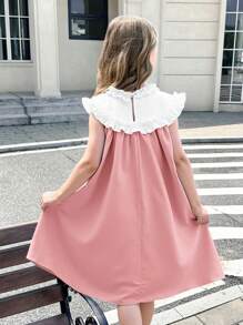 SHEIN 女童撞色荷叶边装饰宽松A字形无袖休闲连衣裙 - 藕粉色 - 查看 2