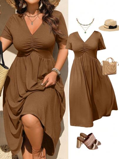 DreamSkyne Elegant Casual V-Neck Ruched Design Short Sleeve Knit Plus Size Women Dress, New Arrival Plus Size Brown Dress Plus Size Vacation Dress Khaki Dress Plus Size Curvy Summer Dresses Earthy Plus Size