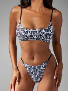 Missguided x Playboy 高级时尚徽标印花比基尼套装夏季海滩两件套泳衣现代圆领热带度假沙滩装