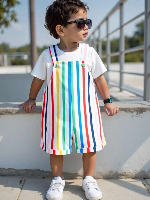 Salopette corta colorata e carina per bambini, design casual sportivo adatto per la primavera/estate, per bimbi e bimbe