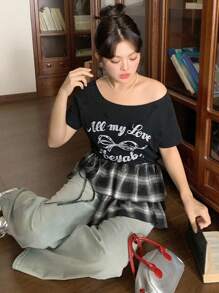 Dazy Plus Plus Size Women Casual Street Style Plaid Layered Tie-Waist A-Line Skirt Fall - Black - View 7