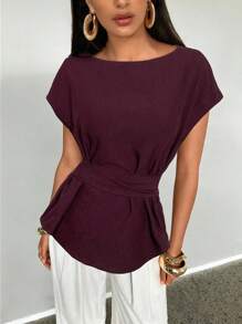 Aloruh 女式夏季休闲纯色蝙蝠袖后背打结褶皱修身衬衫