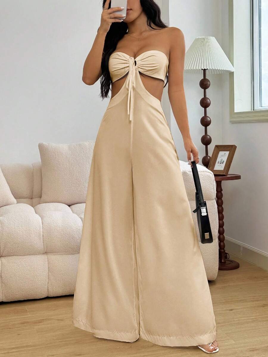 Mono de pierna ancha con espalda descubierta y cuello halter calado, sexy para mujer - Caqui - Ver 1