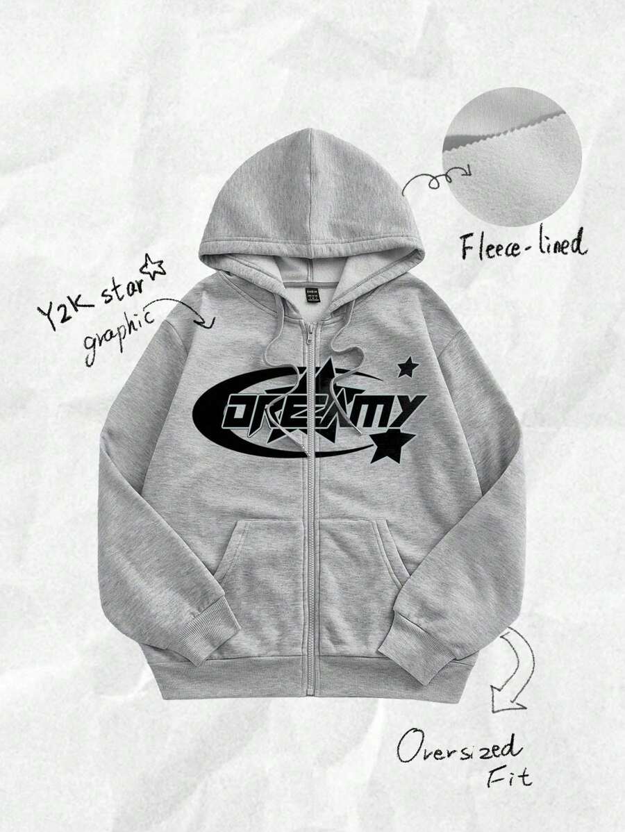 Coolane Casual Letter & Star Pattern Hooded Zip-Up Long Sleeve Loose Sweatshirt For Women, Thick Material, Autumn/Winter Hoodie - Light Grey - View 1